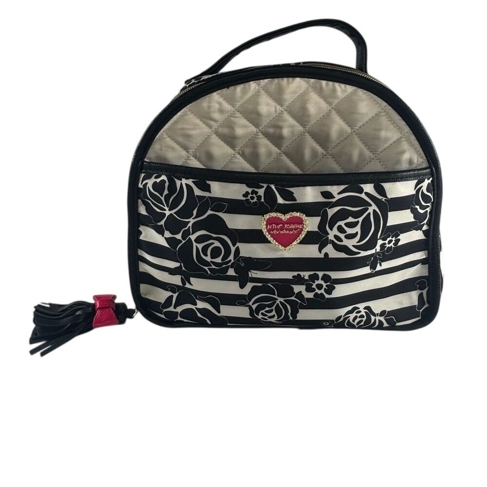 Y2K Betsey Johnson Cosmetic Toiletry Bag Black Stripes Floral Travel Makeup Zip